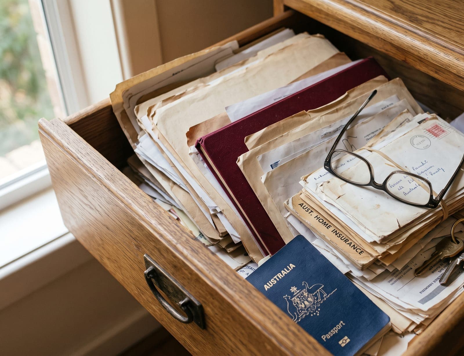 An open sideboard drawer crammed with old folders, bundled letters, a passport, keys and a pair of reading glasses.