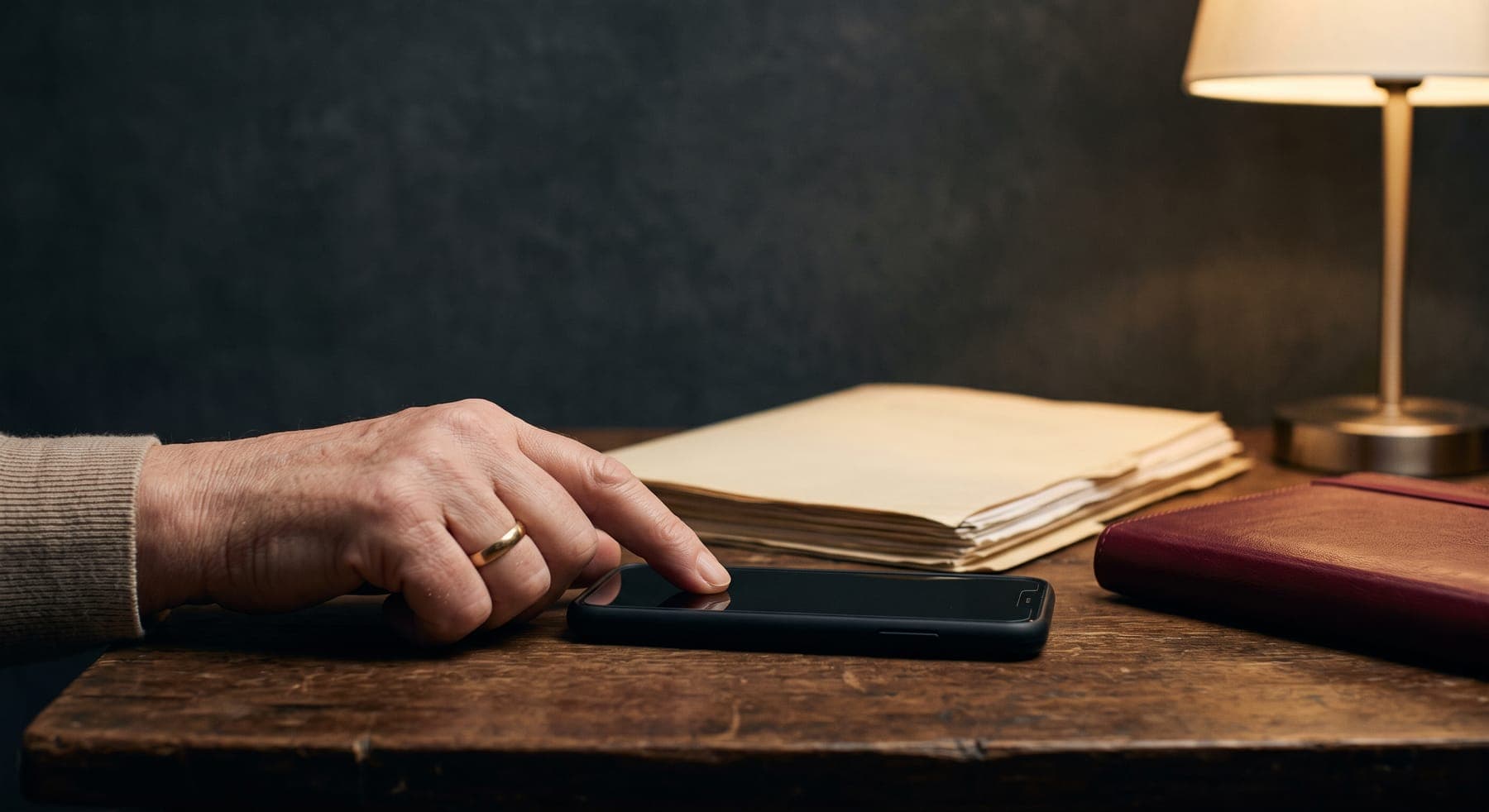 A hand unlocking a phone with a fingerprint, beside a stack of folders under a lamp.
